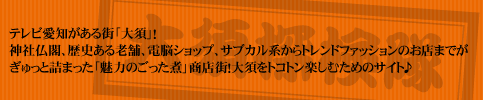 テレビ愛知がある街「大須」！神社仏閣、歴史ある老舗、電脳ショップ、サブカル系からトレンドファッションのお店までがぎゅっと詰まった「魅力のごった煮」商店街！大須をトコトン楽しむためのサイト♪